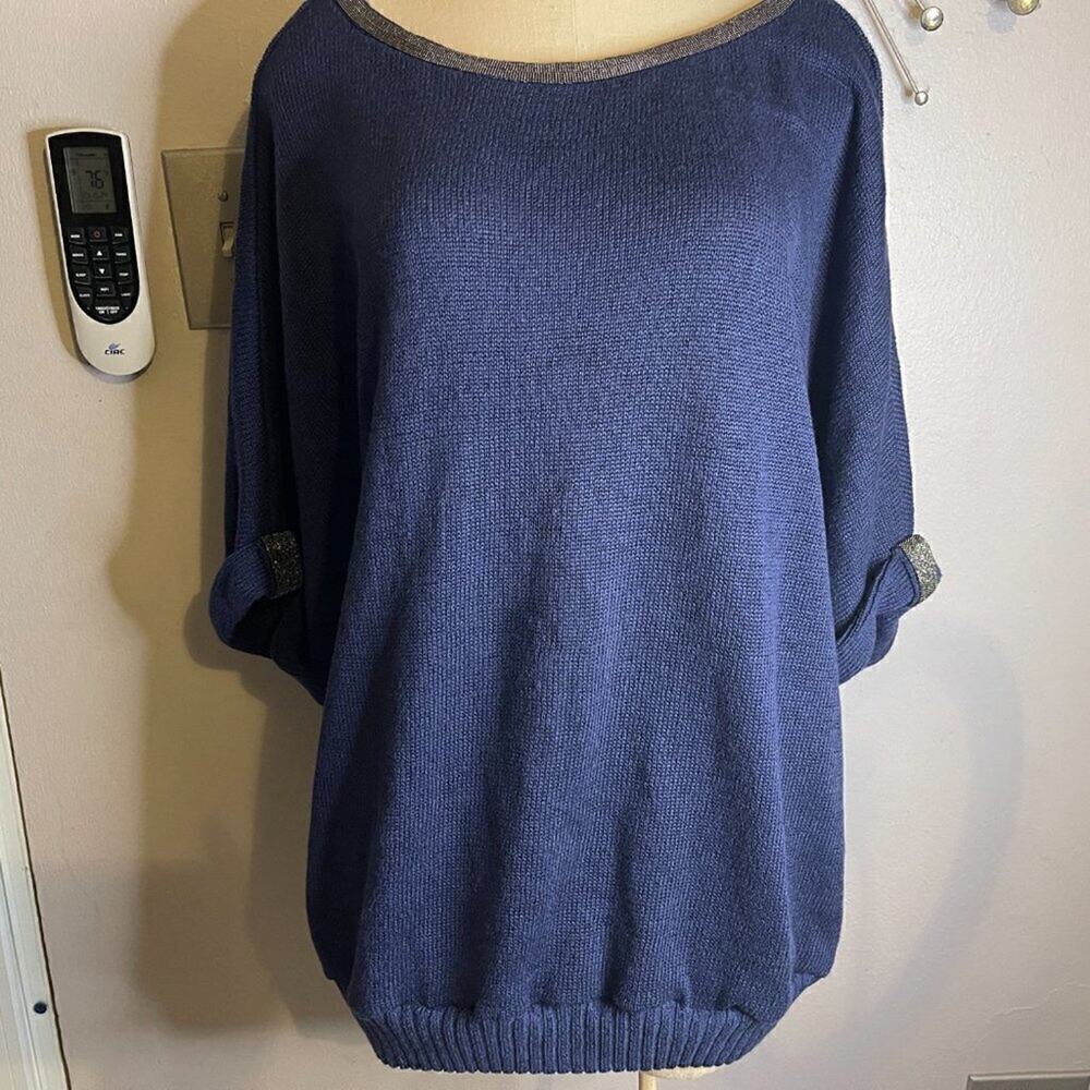 Chico’s Navy Linen Cotton Sweater Beaded 3/4 Sleeve Women’s 3 / XL